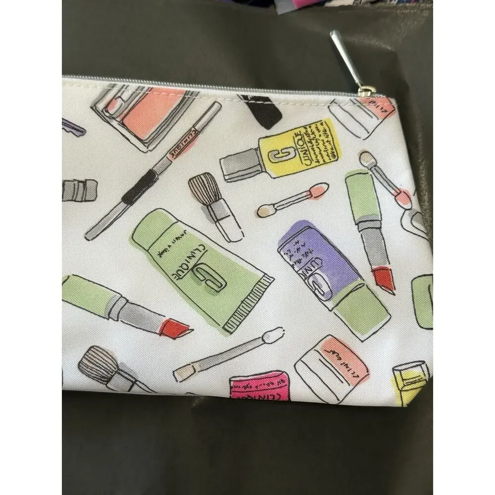 Clinique Makeup Cosmetics Makeup Theme Pouch Womens Zippered White Lined Bag New